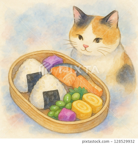 Watercolor illustration of a rice ball bento with a calico cat gazing at it 128529932