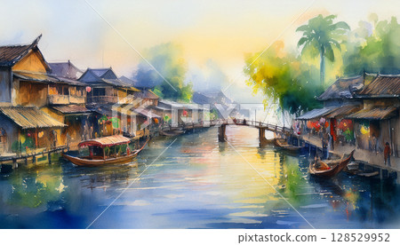 A quiet morning river in Southeast Asia 128529952