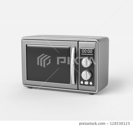 Kitchen microwave oven isolated on white background. Home appliance with digital display, buttons. Silver electrical device for quick cooking, warm, defrost food Realistic render icon. 3D illustration Kitchen microwave oven isolated on white background. Home appliance with digital display, buttons. Silver electrical device for quick cooking, warm, defrost food Realistic render icon. 3D illustration 128530123