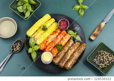 Various kind of types of fresh sausages. Various kind of types of fresh sausages. 128530322