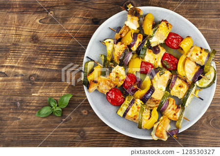 BBQ Salmon and Vegetable Kabobs. BBQ Salmon and Vegetable Kabobs. 128530327