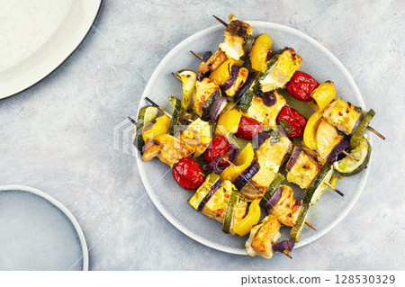 Salmon fish grilled skewers. Salmon fish grilled skewers. 128530329