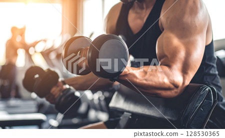 Man lifting dumbbells in a gym 128530365