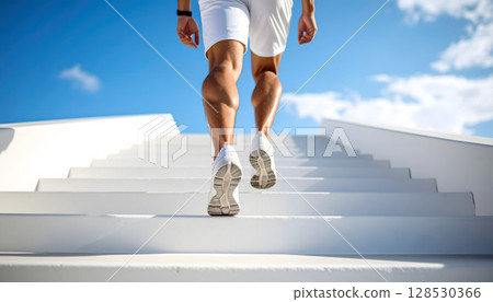 The lower half of a man running up a white staircase with the blue sky in the background 128530366