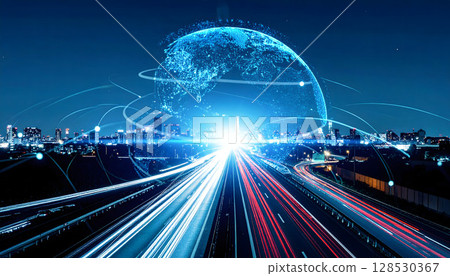 A network of lights crossing the nightscape 128530367