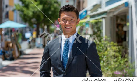 A young businessman looking at the camera with a refreshing smile 128530408
