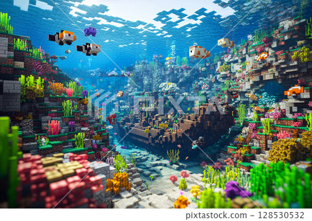 Underwater world with fish swimming around vibrant coral reef in clear ocean water Underwater world with fish swimming around vibrant coral reef in clear ocean water 128530532