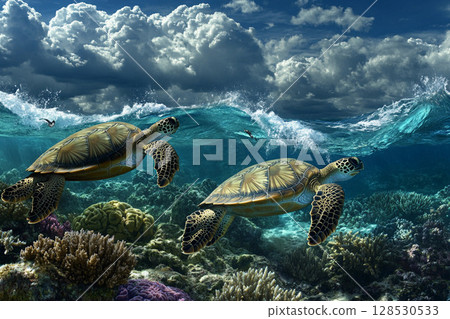 Hawaiian green sea turtle swimming over coral reef in Hawaii, vibrant underwater marine life scene Hawaiian green sea turtle swimming over coral reef in Hawaii, vibrant underwater marine life scene 128530533
