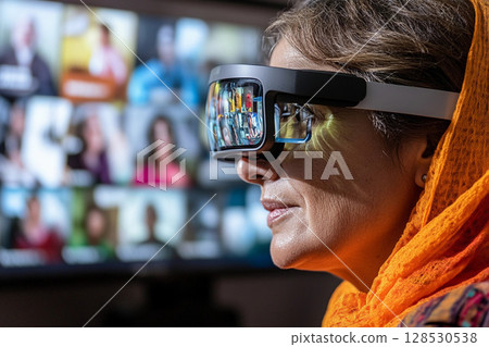 Portrait of woman using virtual reality headset with video conference screen in background, blending remote work and immersive technology 128530538