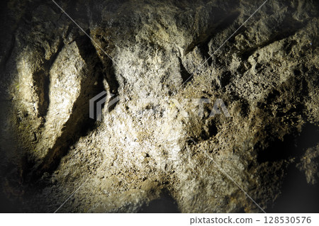 Inside the tunnel at the Iwami Ginzan Silver Mine, a short distance from the Ryugenji Mabu entrance. Chisel marks on the wall are visible. 128530576