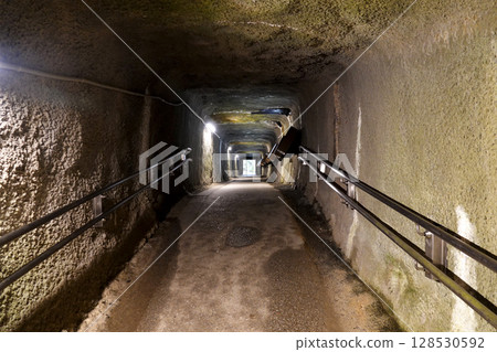 Inside the well-maintained, straight tunnel near the Ryugenjimabu exit of the Iwami Ginzan Silver Mine 128530592