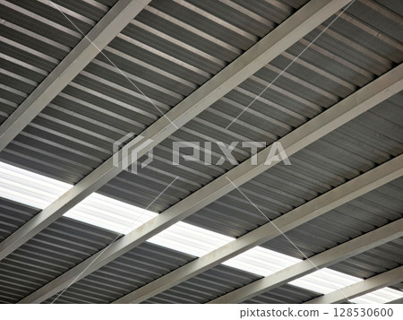 Modern Industrial Building Roof Featuring Corrugated Metal Panels and Placed Translucent Skylights for Natural Light. 128530600