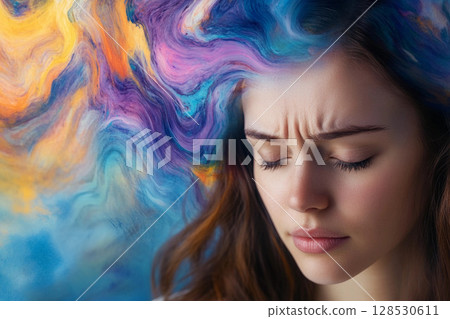Portrait of a beautiful young woman with colorful hair and eyes closed, expressing calm and serenity 128530611