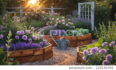陽光明媚的美麗小屋花園，種有玫瑰和薰衣草 128530769