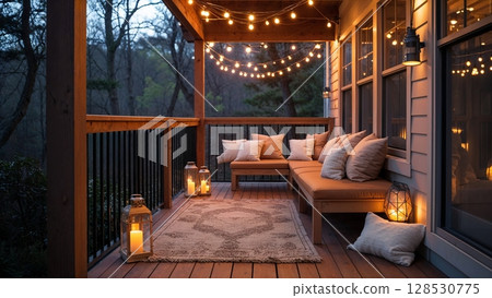 Quiet balcony at night, warm lighting and relaxing atmosphere 128530775