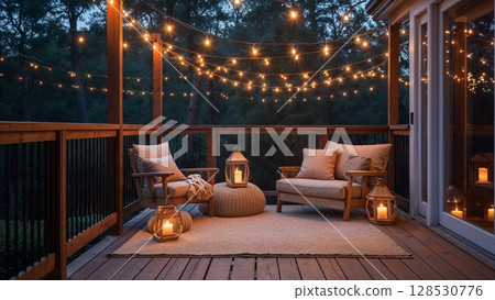 A warm balcony at night, a relaxing space surrounded by warm light 128530776