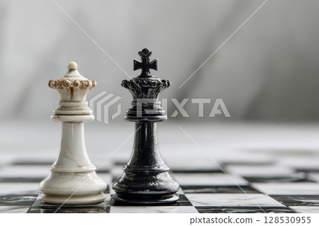 Chess king and queen pieces on chessboard Chess king and queen pieces on chessboard 128530955