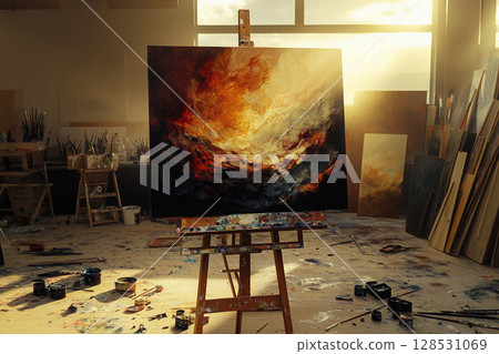 Painting a picture on canvas in the artist's studio, creative art concept 128531069