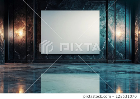 Mock up blank poster in modern interior with marble wall and floor, elegant and minimalist design 128531070