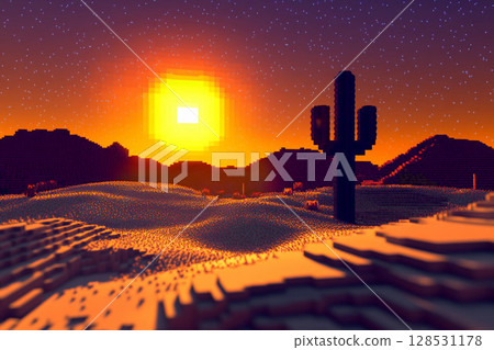 Desert landscape with cactus silhouetted against vibrant sunset sky 128531178