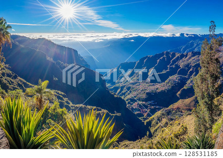 View of the Caldera de Taburiente in La Palma, Canary Islands, Spain, featuring dramatic mountains, deep valleys, and natural volcanic landscape 128531185