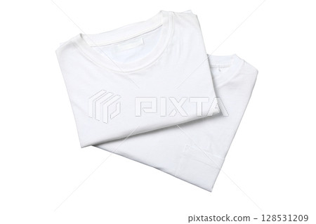 Two stacked white t-shirts ready to wear, isolated on white, PNG 128531209