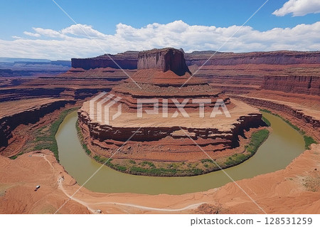 Aerial view of Horseshoe Bend in Canyonlands National Park, Utah, USA, featuring dramatic curved river and rugged canyon landscape at golden hour 128531259