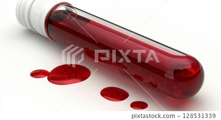Blood sample tube laying on a white surface with red drops nearby, emphasizing the precision when handling and testing clinical specimens. Blood sample tube laying on a white surface with red drops nearby, emphasizing the precision when handling and testing clinical specimens. 128531339