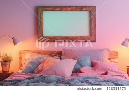 modern bedroom interior featuring a wooden frame hanging on the wall, warm cozy atmosphere with natural textures and minimalistic decor 128531373