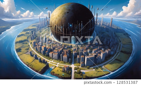 Game background: A view from an airplane of an independent country and a factory on a small island 128531387