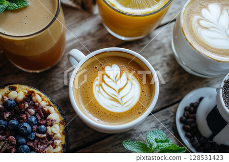 Top view of coffee cup with intricate latte art placed on rustic wooden table, showcasing warm and cozy morning beverage atmosphere perfect for cafe or lifestyle themes Top view of coffee cup with intricate latte art placed on rustic wooden table, showcasing warm and cozy morning beverage atmosphere perfect for cafe or lifestyle themes 128531423