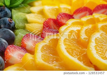 Colorful and fresh fruit salad with sliced kiwi, orange, grapefruit, strawberries, and blueberries served in a bowl, perfect for healthy eating and summer meals 128531457