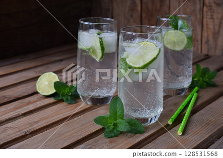 Glass of cold homemade lemonade or mojito cocktail with lime and mint on wooden background. Soda drink. Copy space 128531568