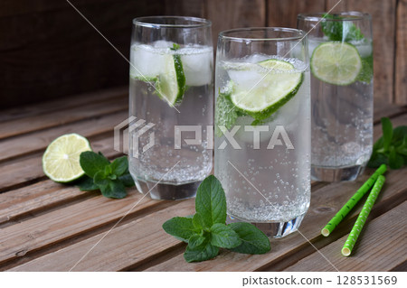 Glass of cold homemade lemonade or mojito cocktail with lime and mint on wooden background. Soda drink. Copy space. Glass of cold homemade lemonade or mojito cocktail with lime and mint on wooden background. Soda drink. Copy space. 128531569