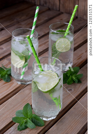 Glass of cold homemade lemonade or mojito cocktail with lime and mint on wooden background. Soda drink. Copy space. Glass of cold homemade lemonade or mojito cocktail with lime and mint on wooden background. Soda drink. Copy space. 128531571