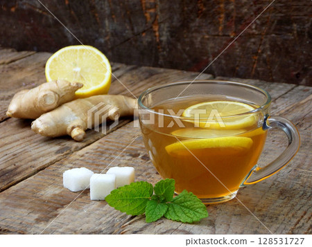 cup of tea with ginger and lemon on a wooden background 128531727