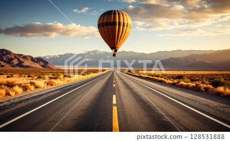 A hot air balloon floating on the other side of a road A hot air balloon floating on the other side of a road 128531888