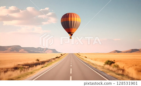 A hot air balloon floating on the other side of a road 128531901