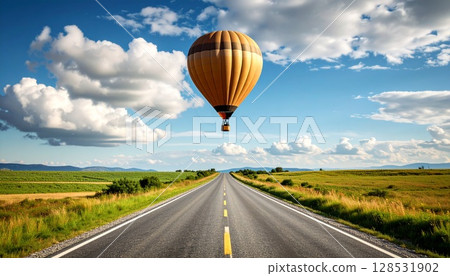 A hot air balloon floating on the other side of a road 128531902
