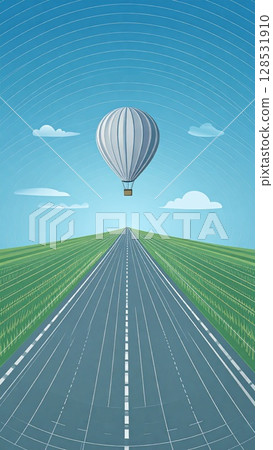 A vertical image of a balloon floating on the other side of a road 128531910