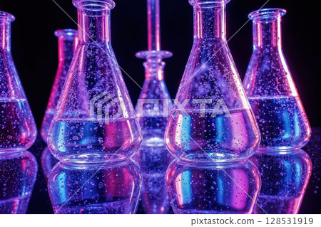 Vibrant laboratory flasks with bubbling liquid and bright reflections 128531919