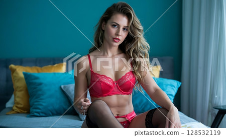 A Confident Woman Posing in Lingerie with Stylish Comfort A Confident Woman Posing in Lingerie with Stylish Comfort 128532119