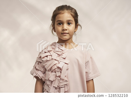 High-Fashion Editorial of Child Model in Pink Clothing with Fabric Ruffles 128532210