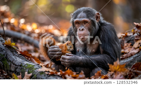 Chimpanzee gently holding a baby squirrel in nature. Chimpanzee gently holding a baby squirrel in nature. 128532346