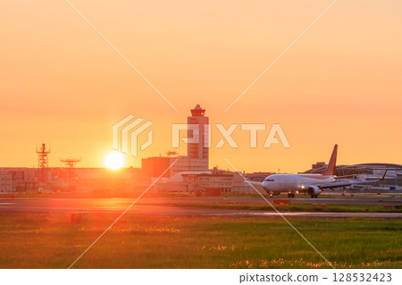Fukuoka Airport at dusk in summer, Fukuoka City, Fukuoka Prefecture 128532423