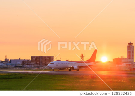 Fukuoka Airport at dusk in summer, Fukuoka City, Fukuoka Prefecture 128532425