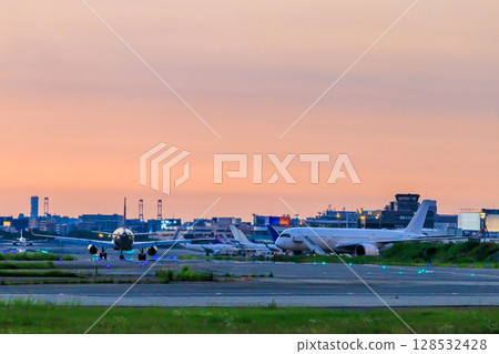 Fukuoka Airport at dusk in summer, Fukuoka City, Fukuoka Prefecture 128532428