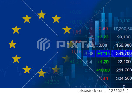EU flag Stock market finance business, economy trend graph digital technology. EU flag Stock market finance business, economy trend graph digital technology. 128532743