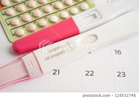 Pregnancy test for female of ovulation day, fetus, maternity, childbirth, birth control. 128532748