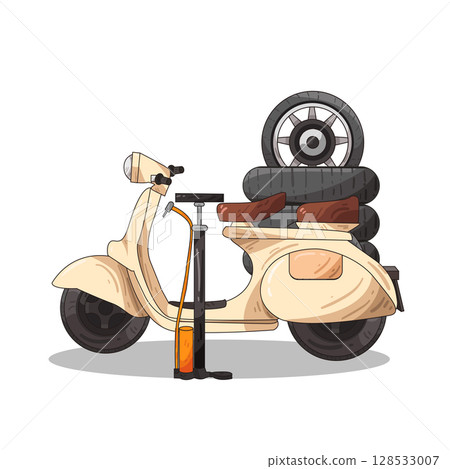 illustration of motor scooter with tire air pump 128533007